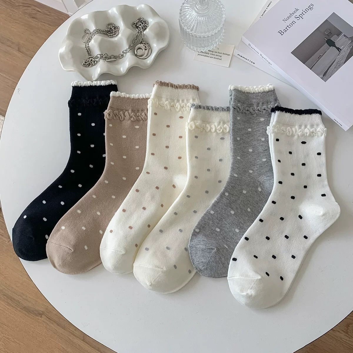 Polka Dot Cotton Crew Socks for Women | Ruffled Lace Trim