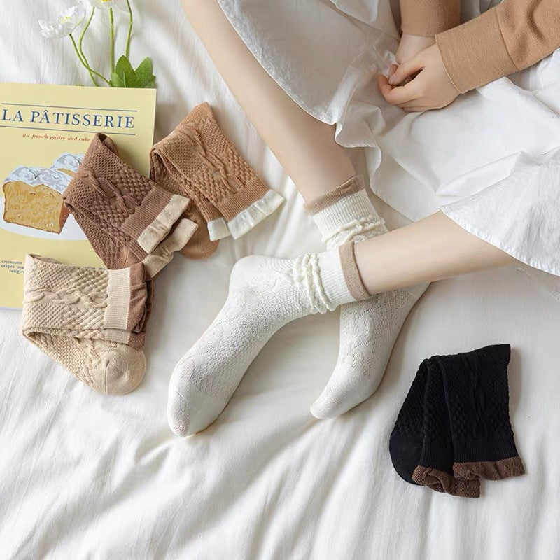 Cable Knit Crew Socks for Women | Breathable Ruffle Trim Cozy Socks