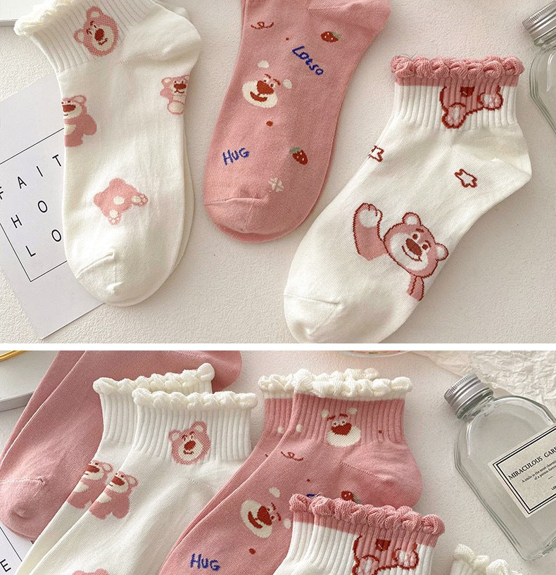 Cute Ruffled Ankle Socks for Women | Pink Strawberry Bear Cotton Socks