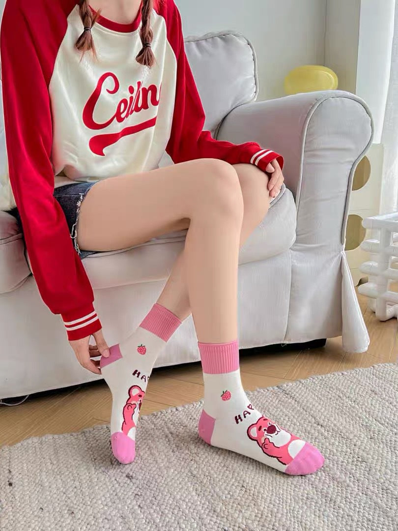 Cute Cotton Novelty Crew Socks | Strawberry Bear Print for Women