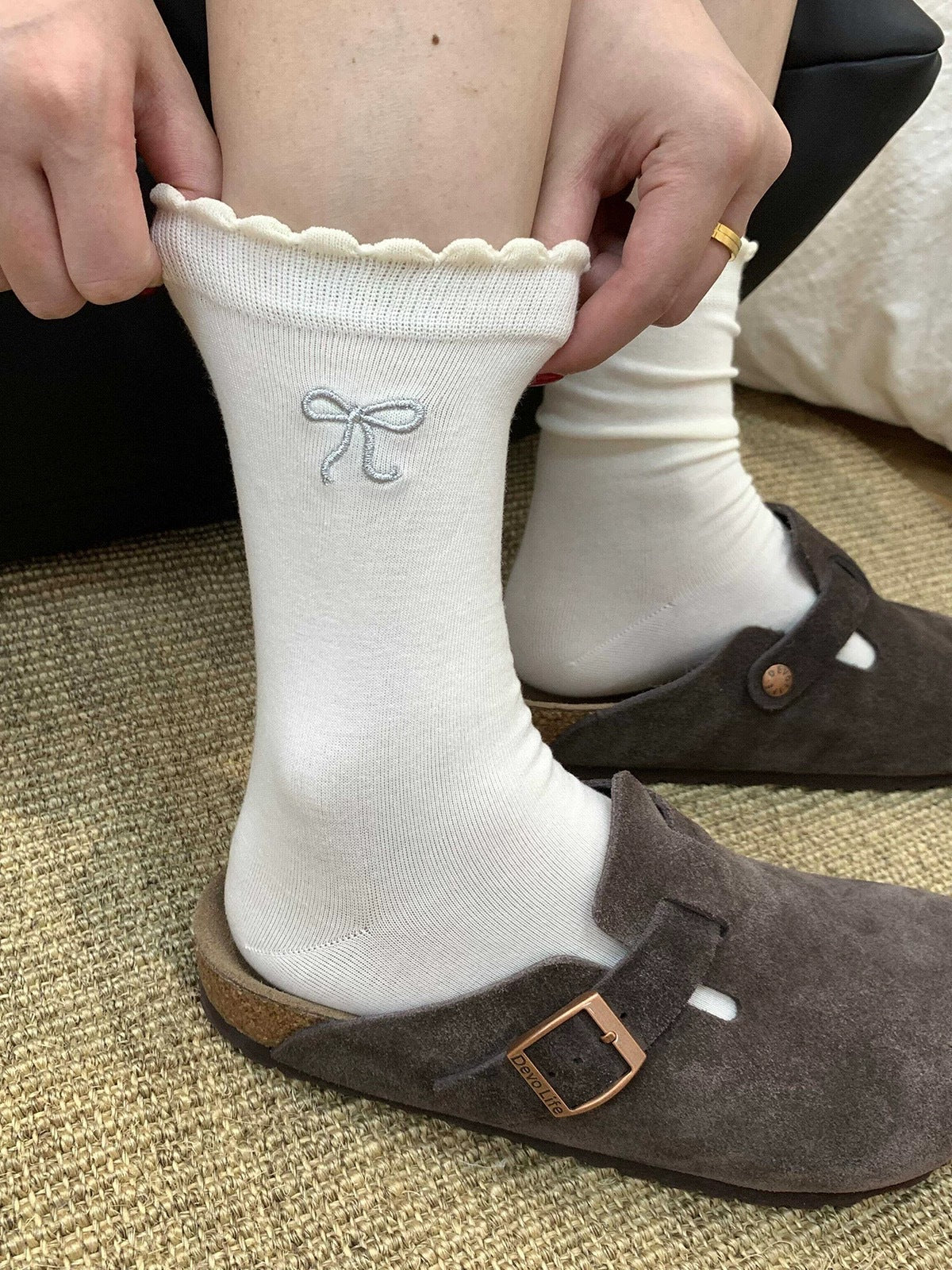 Embroidered Bow Cotton Crew Socks | Ruffle Trim Ballet Style for Women
