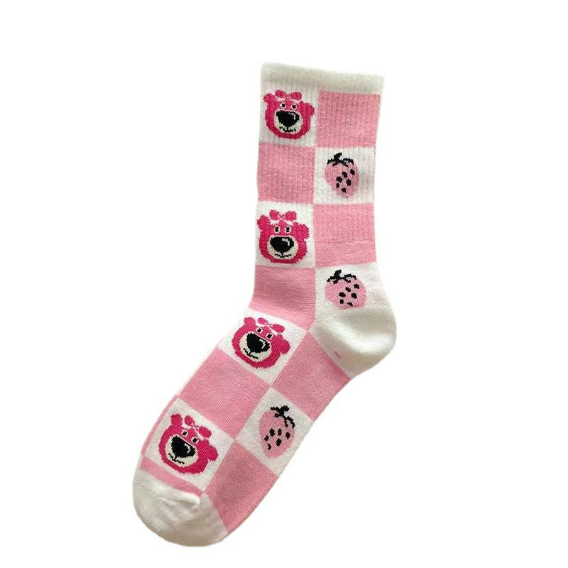 Cute Pink Strawberry Bear Crew Socks for Women