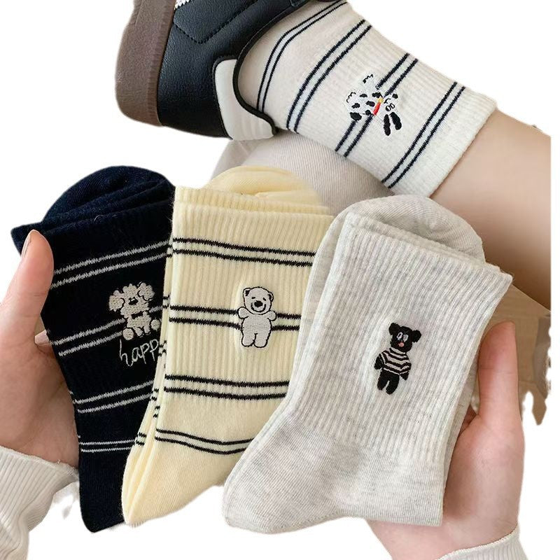 Cute Embroidered Striped Crew Socks for Women