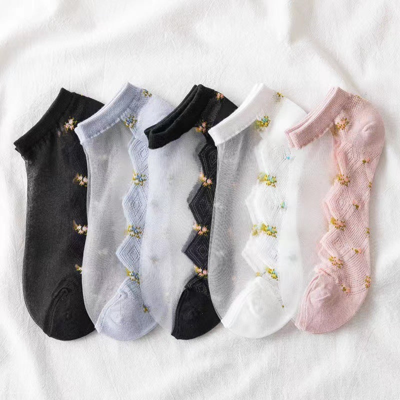 Sheer Floral Ankle Socks for Women | Breathable Cotton Sole Summer Socks