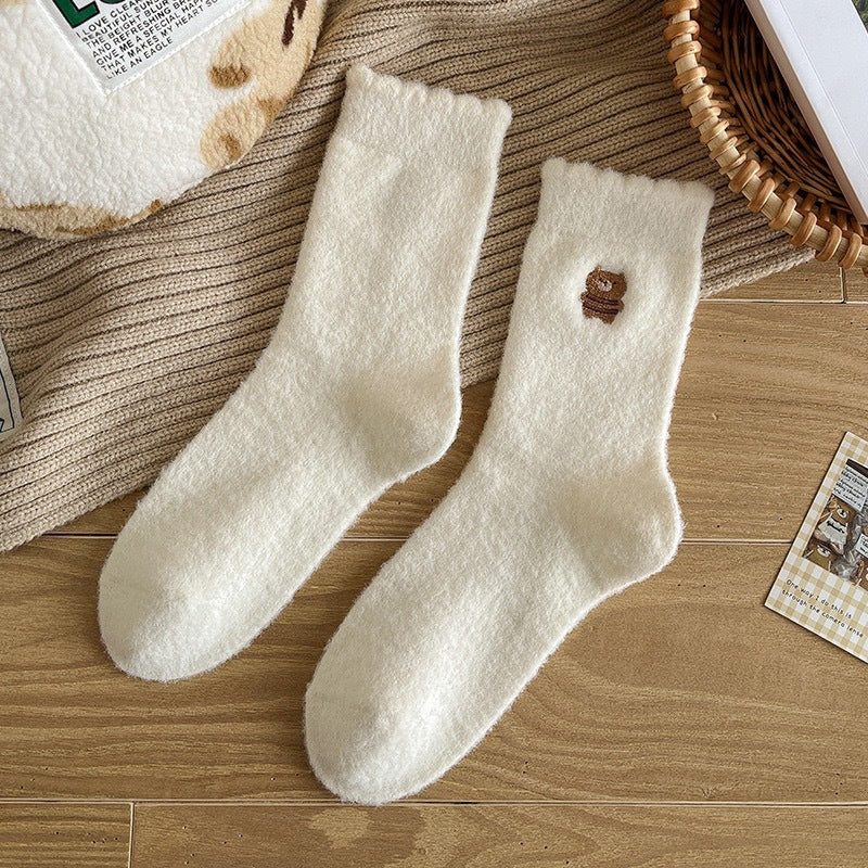 Fuzzy Warm Cozy Crew Socks | Cute Embroidered Winter Lounge Socks