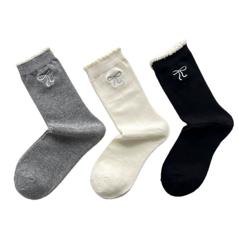 Embroidered Bow Cotton Crew Socks | Ruffle Trim Ballet Style for Women