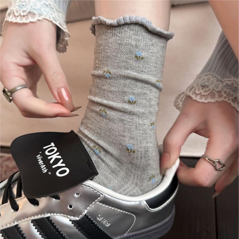 Floral Ruffle Crew Socks for Women | Thin Breathable Spring Socks