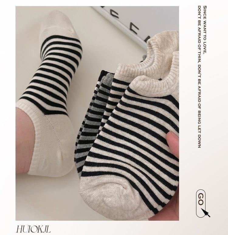 Striped No-Show Socks for Women | Non-Slip Invisible Cotton Socks