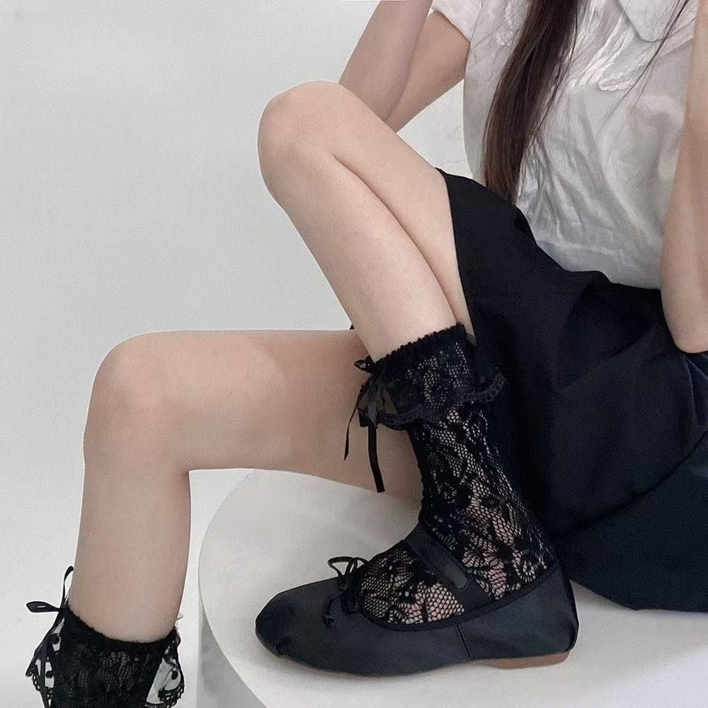 Women's Lace Crew Socks | Breathable Bow Ruffled Mid-Calf Socks