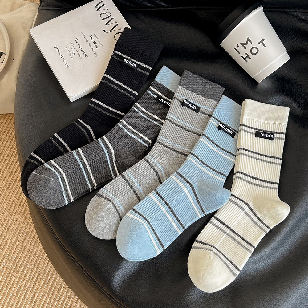 Women's Striped Cotton Crew Socks | Trendy Mid-Calf Socks