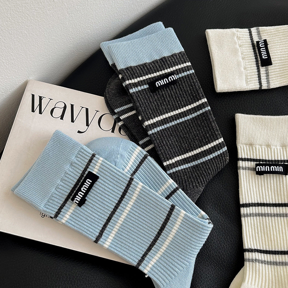 Women's Striped Cotton Crew Socks | Trendy Mid-Calf Socks