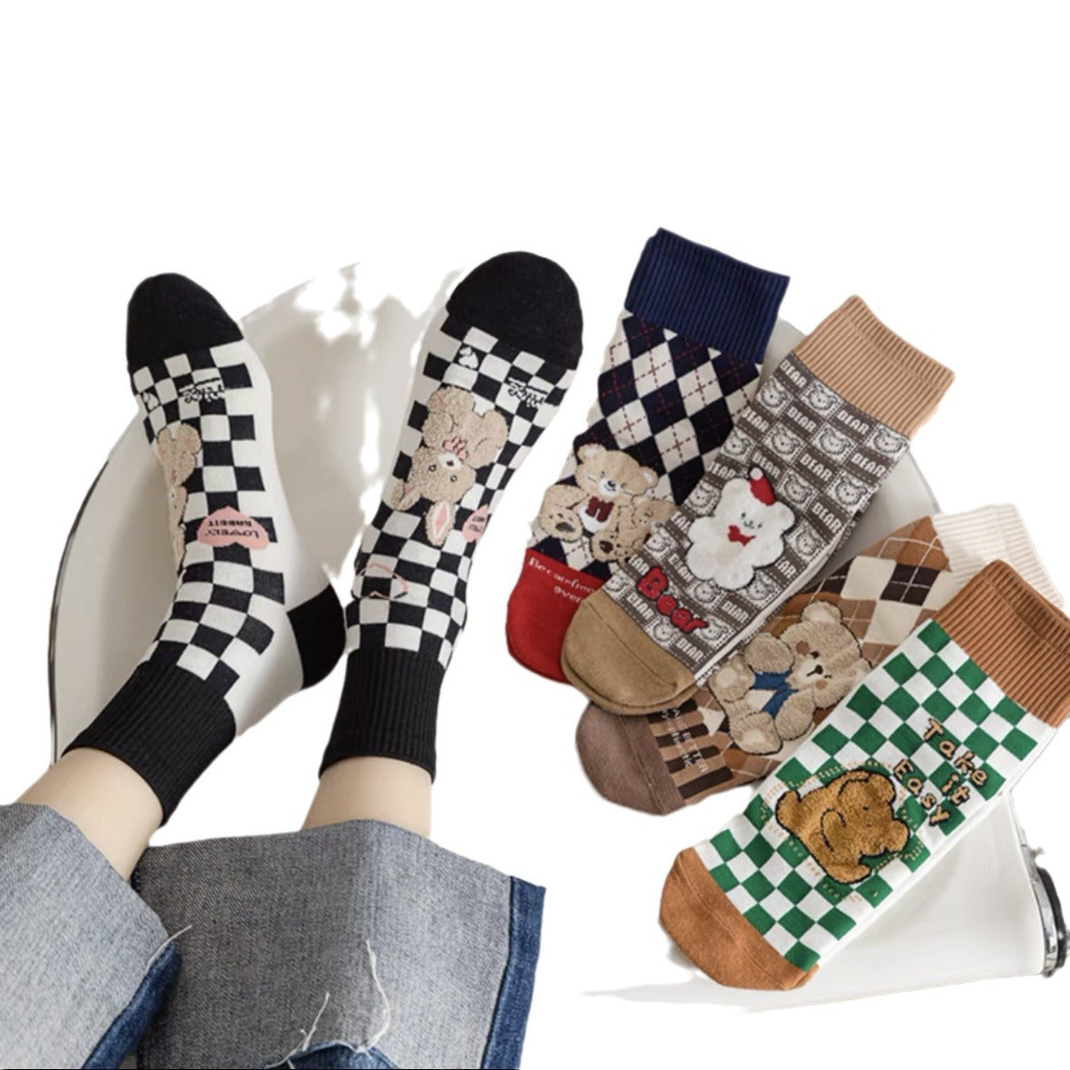 Cute Cotton Novelty Crew Socks | Checkered Bear Women's Socks