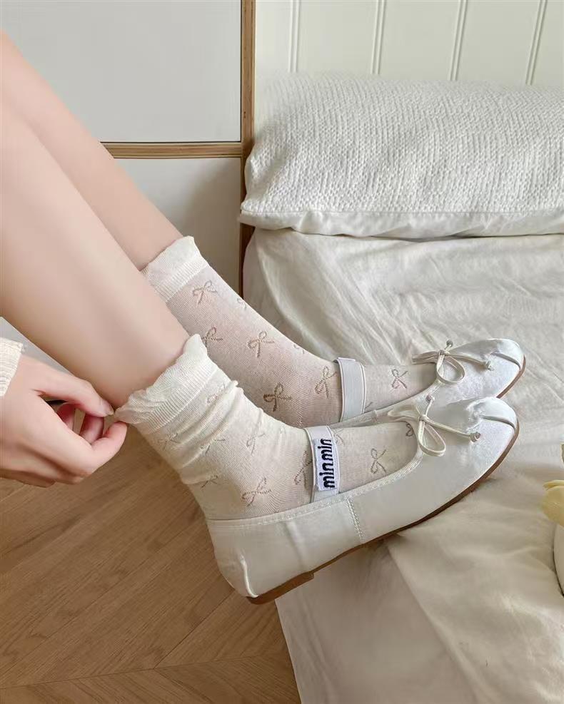 Ruffled Bow Cotton Crew Socks | Balletcore Socks for Women