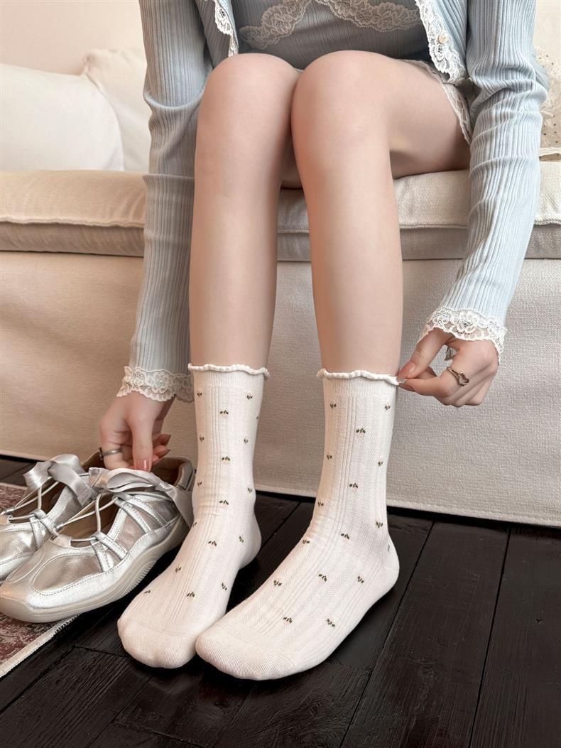 Floral Ruffle Crew Socks for Women | Thin Breathable Spring Socks