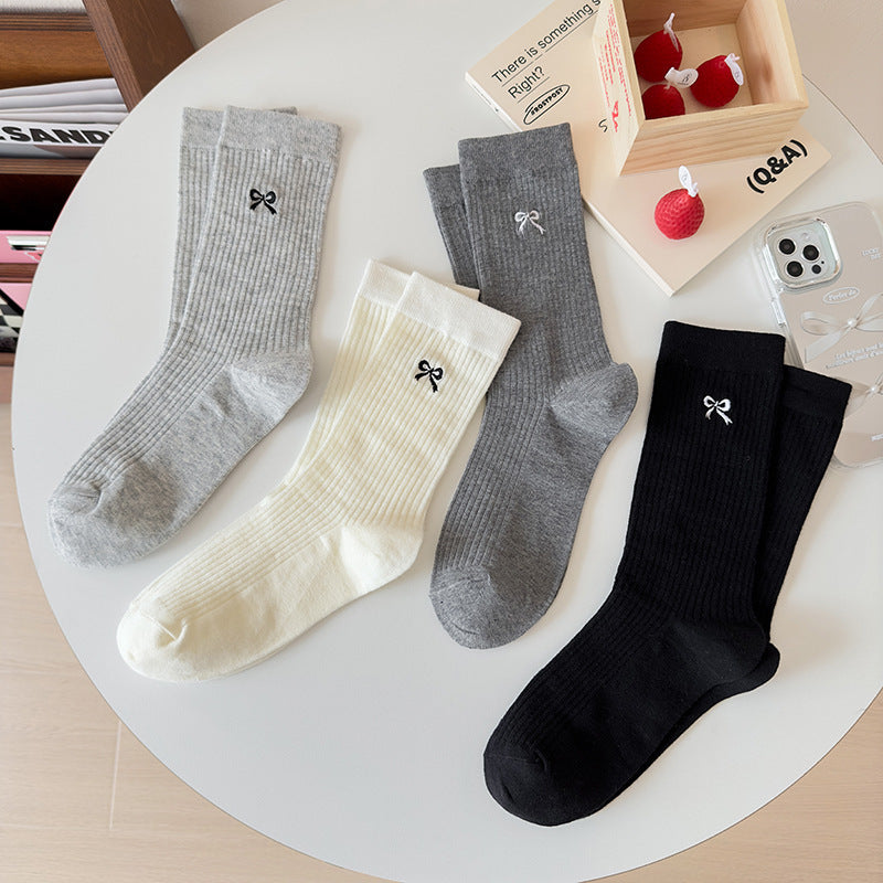 Embroidered Bow Cotton Crew Socks for Women | Casual Everyday Socks