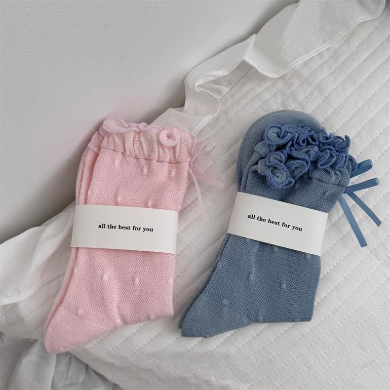 Ruffled Polka Dot Crew Socks for Women | Breathable Bow Socks