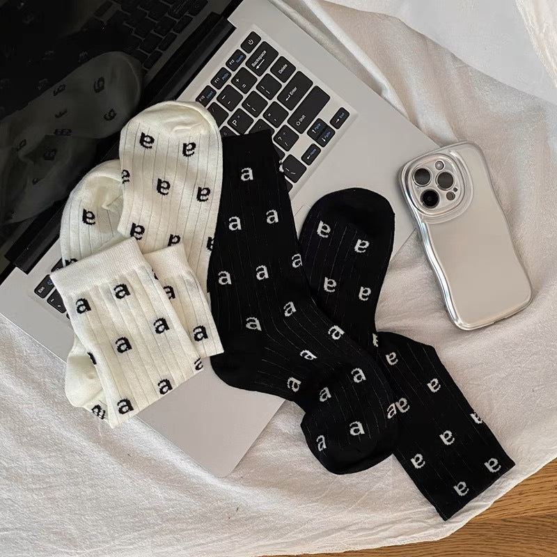 Thin Letter Print Cotton Crew Socks | Casual Socks for Women