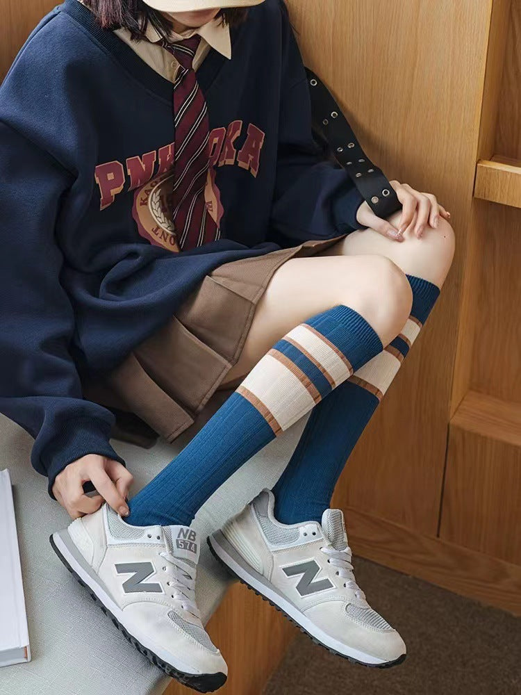 Blue Striped Calf High Socks | Preppy JK Style Women's Socks