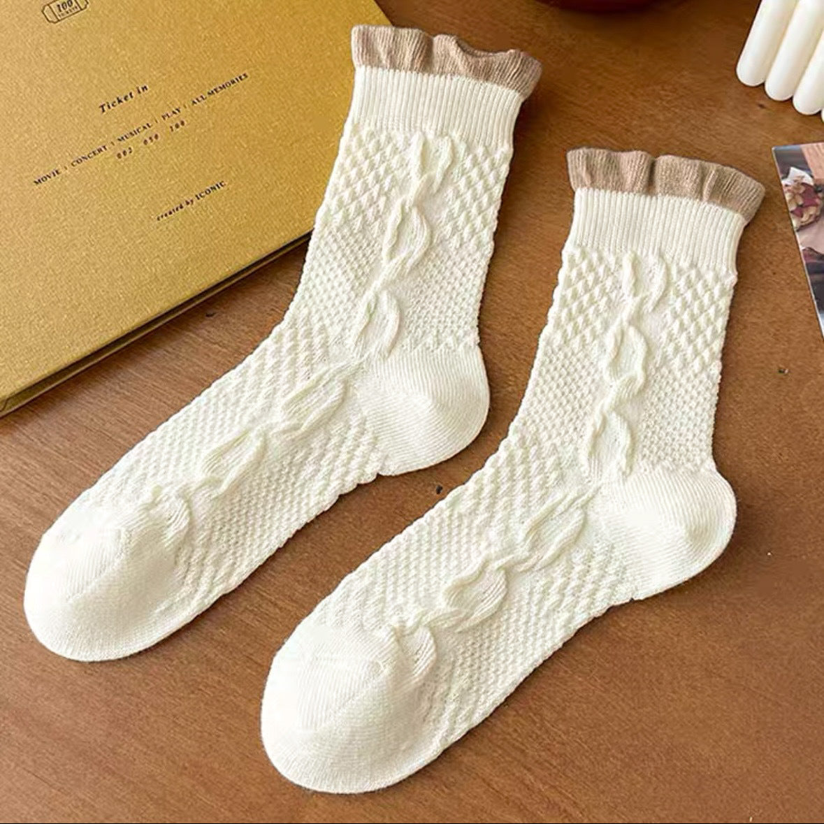Cable Knit Crew Socks for Women | Breathable Ruffle Trim Cozy Socks