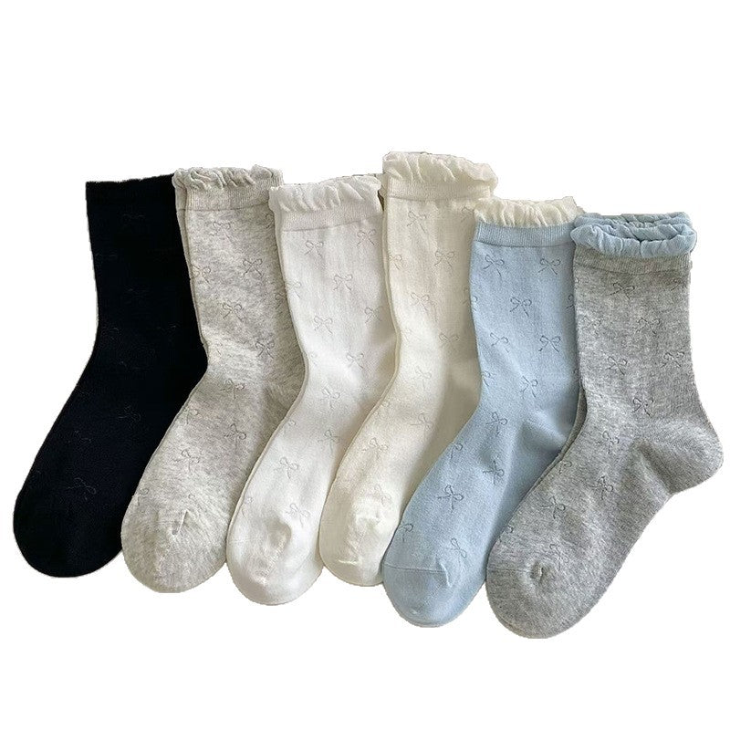 Ruffled Bow Cotton Crew Socks | Balletcore Socks for Women