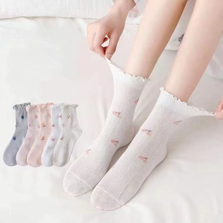 Breathable Ruffled Crew Socks | Thin Summer Women's Mid-Calf Socks