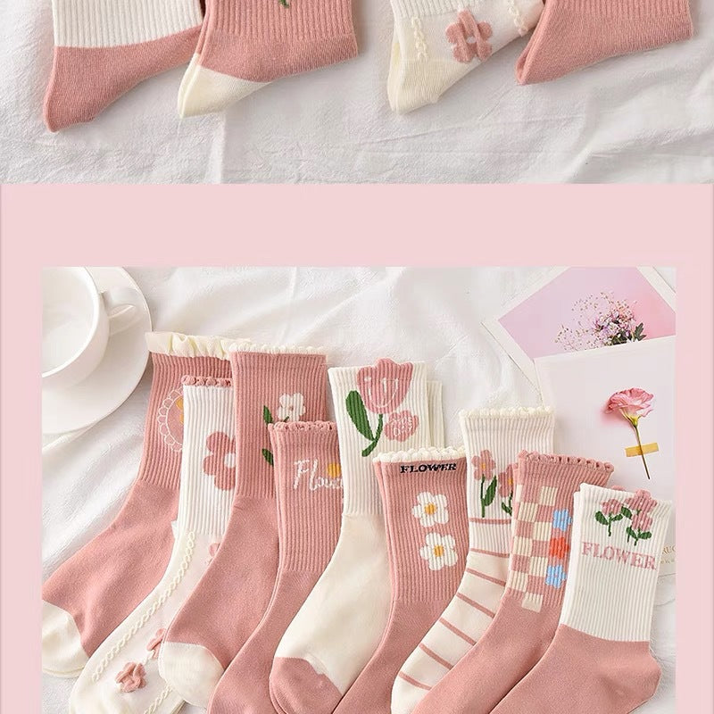 Cute Pink Floral Crew Socks for Women | Soft Cotton Patterned Socks