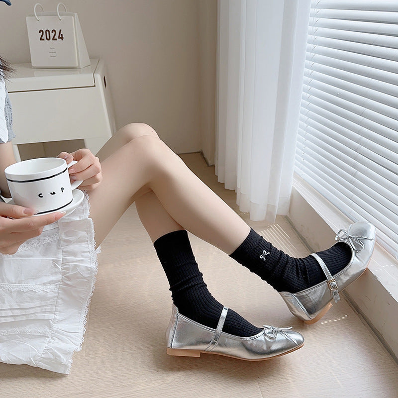 Embroidered Bow Cotton Crew Socks for Women | Casual Everyday Socks