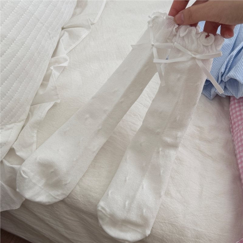 Ruffled Polka Dot Crew Socks for Women | Breathable Bow Socks