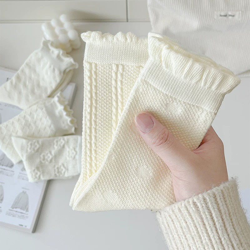 Cream Cotton Crew Socks for Women | Breathable Patterned Socks