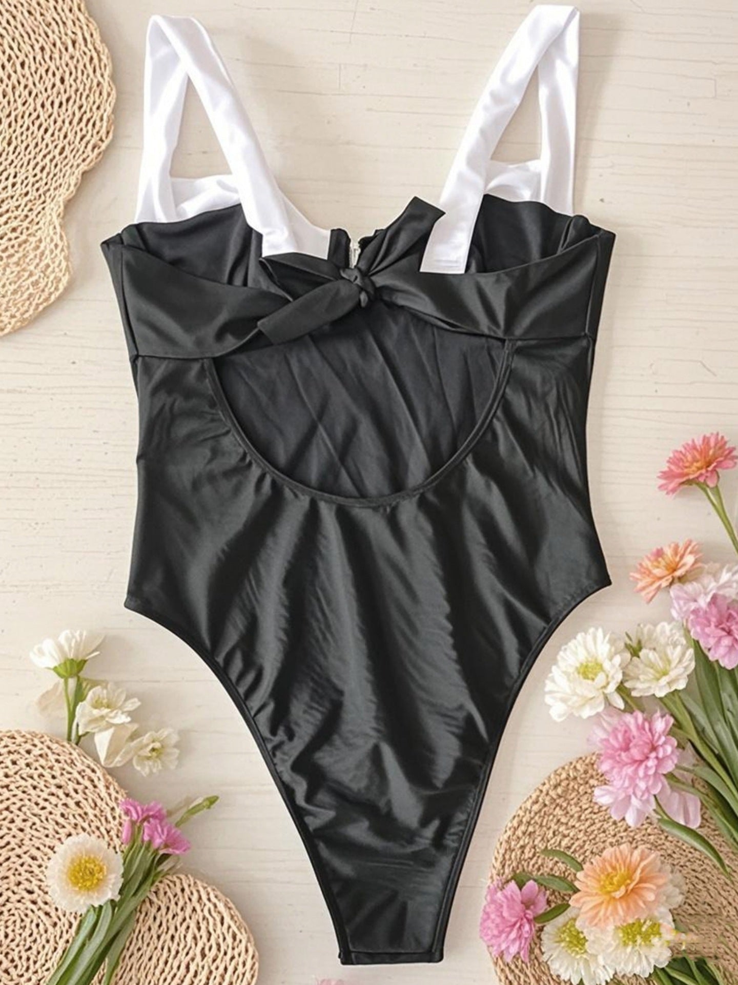Black Contrast Sexy One-Piece Swimsuit | Slimming Vacation Swimwear