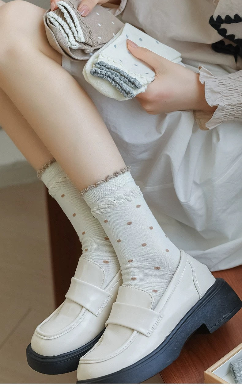 Polka Dot Cotton Crew Socks for Women | Ruffled Lace Trim