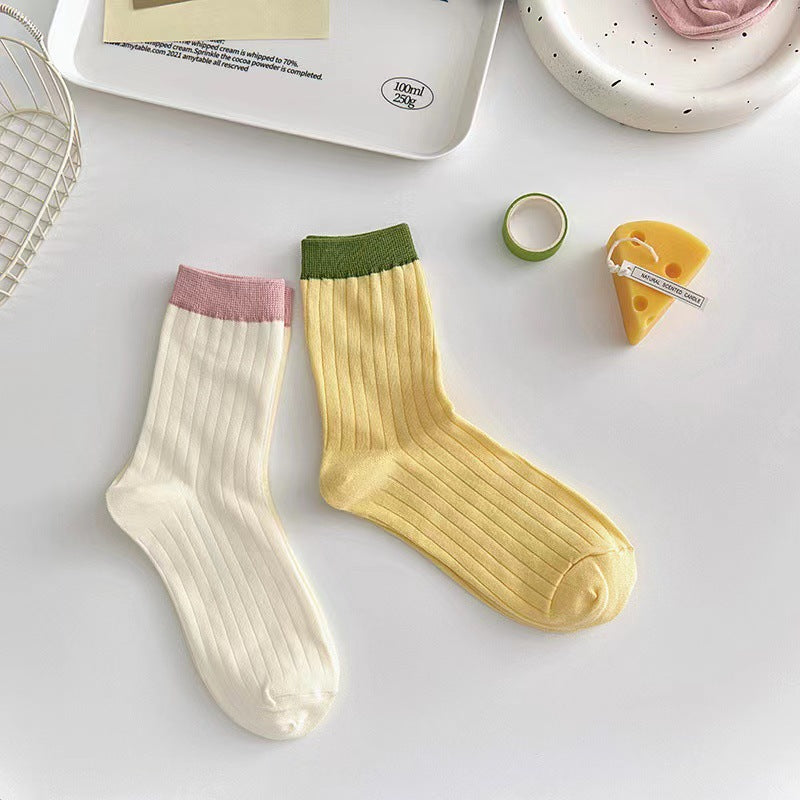 Contrast Cuff Crew Socks for Women | Lightweight Striped Cotton Socks