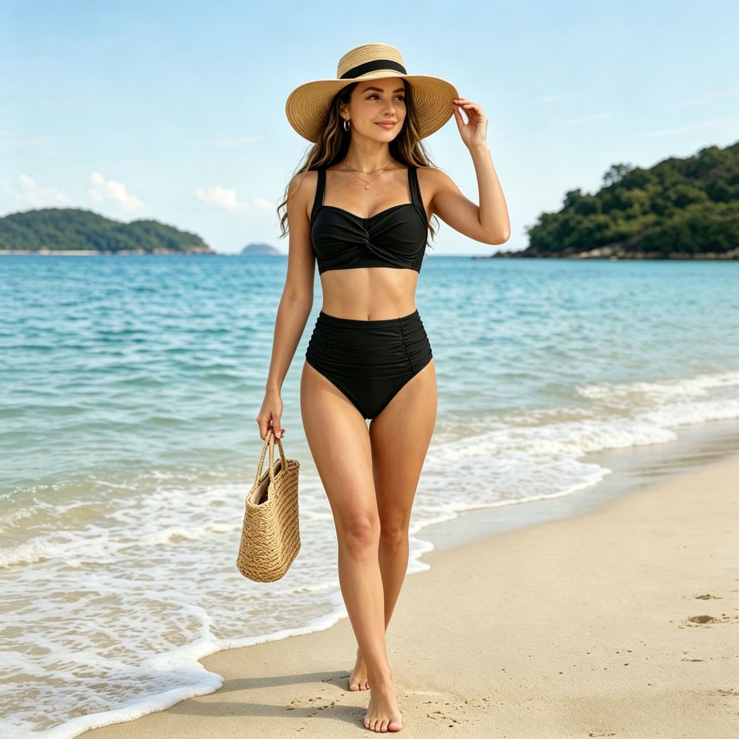 Twisted Knot High-Waisted Bikini Set | Solid Retro Women's Swimwear