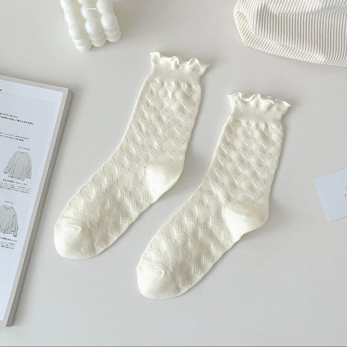 Cream Cotton Crew Socks for Women | Breathable Patterned Socks