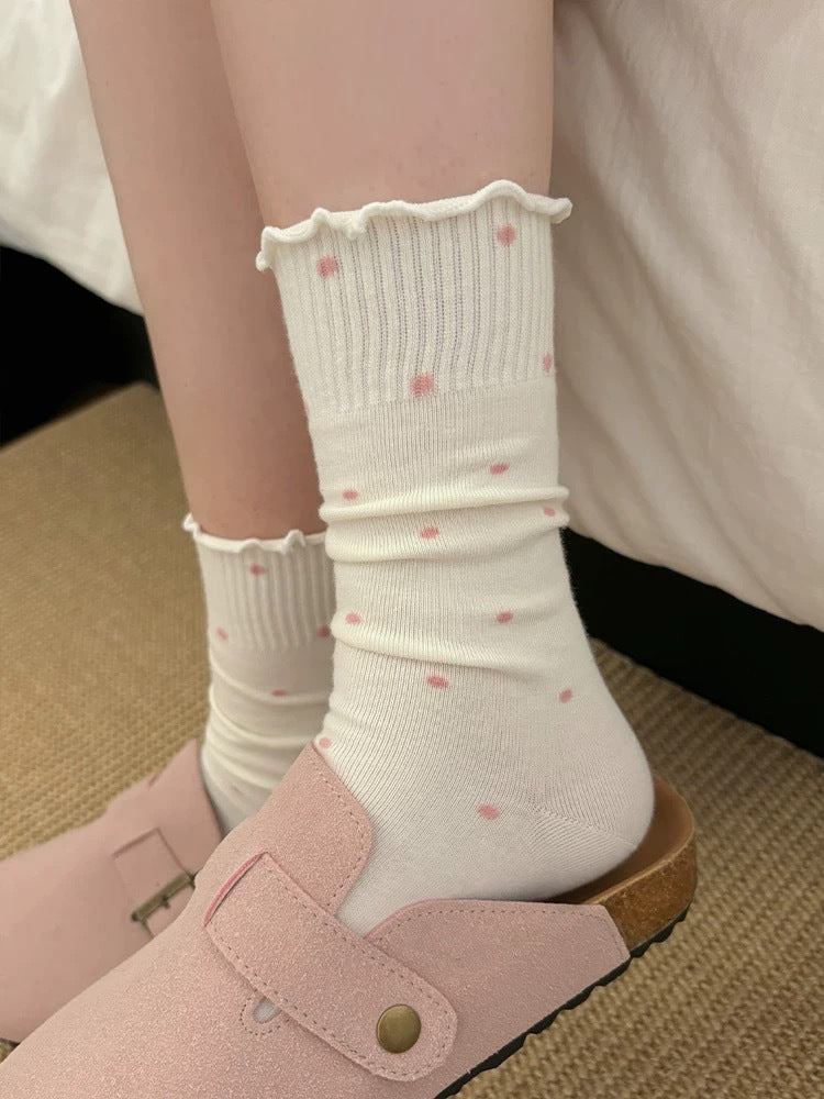 Ruffled Polka Dot Cotton Crew Socks for Women
