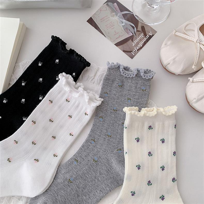 Floral Ruffle Crew Socks for Women | Thin Breathable Spring Socks