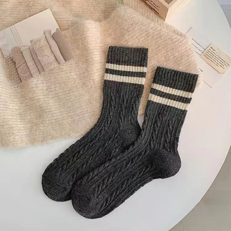 Cable Knit Two-Stripe Cozy Crew Socks for Women