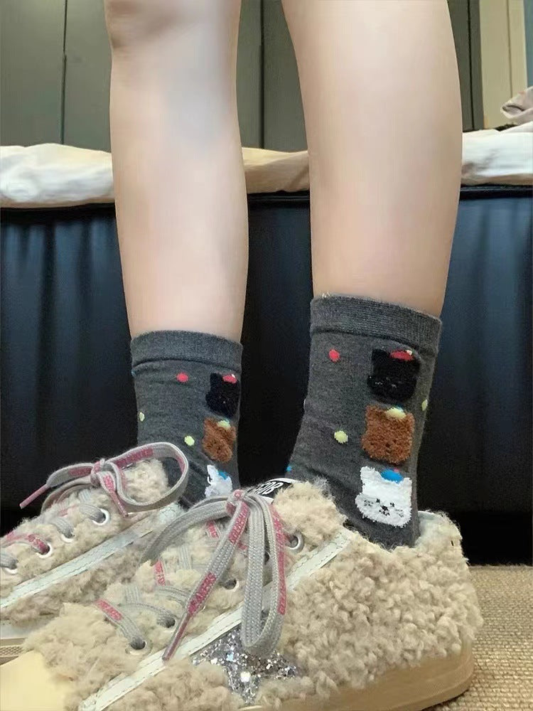 Cute Cotton Polka Dot Bear Crew Socks for Women