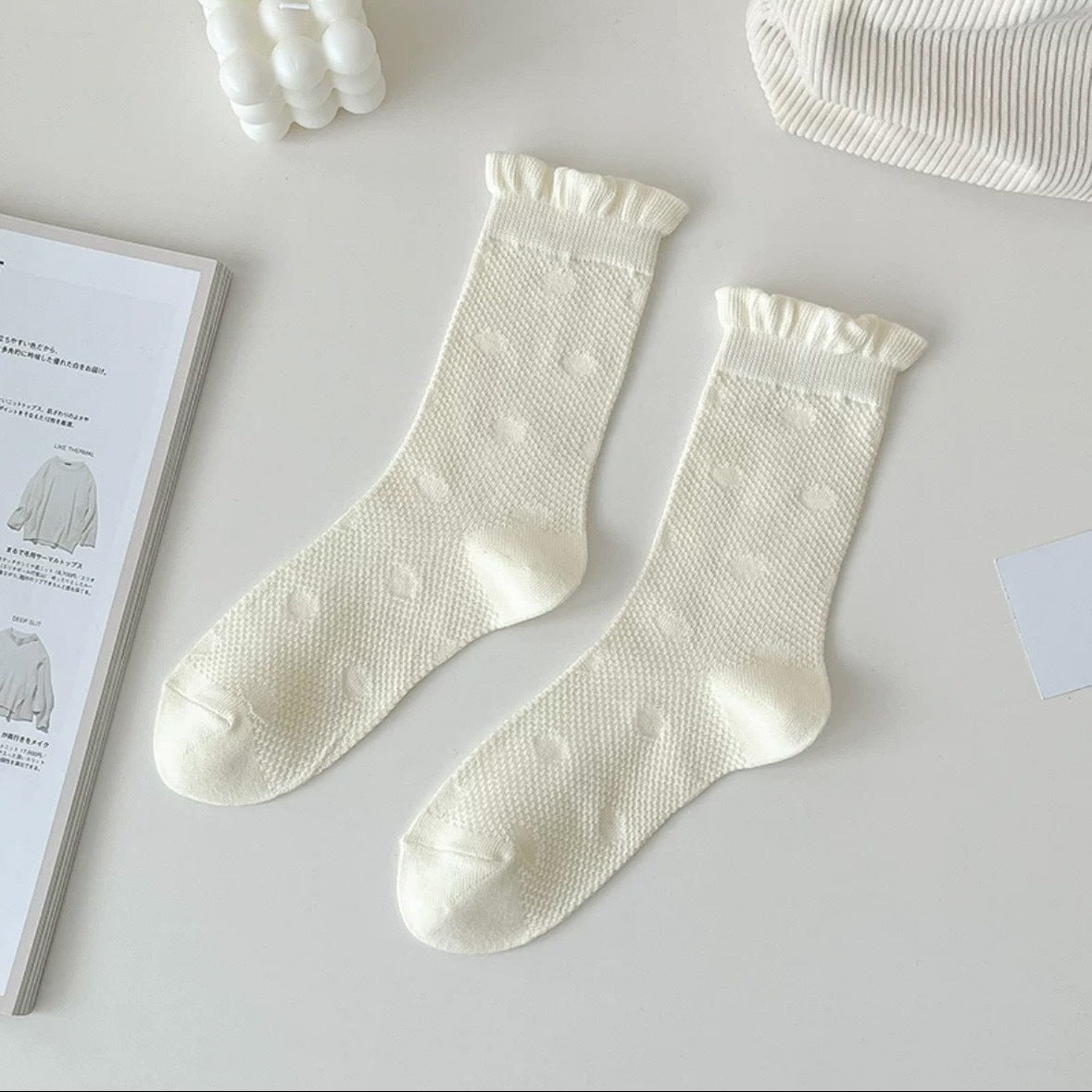 Cream Cotton Crew Socks for Women | Breathable Patterned Socks