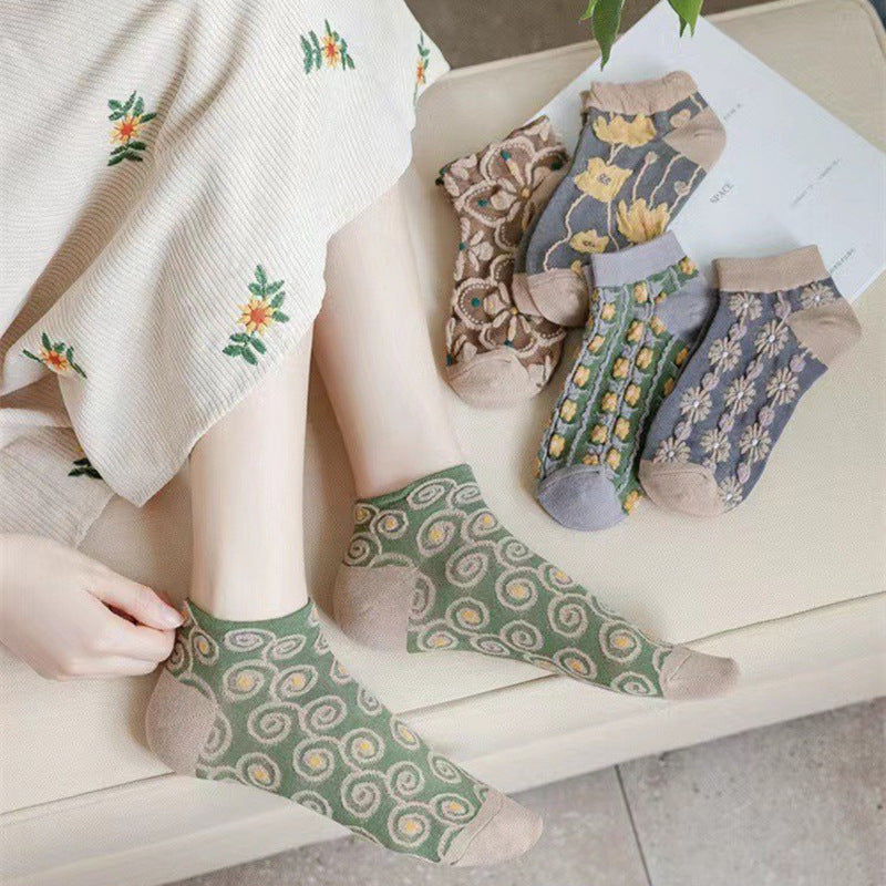 Vintage Floral Ankle Socks | Breathable Low Cut Socks for Women