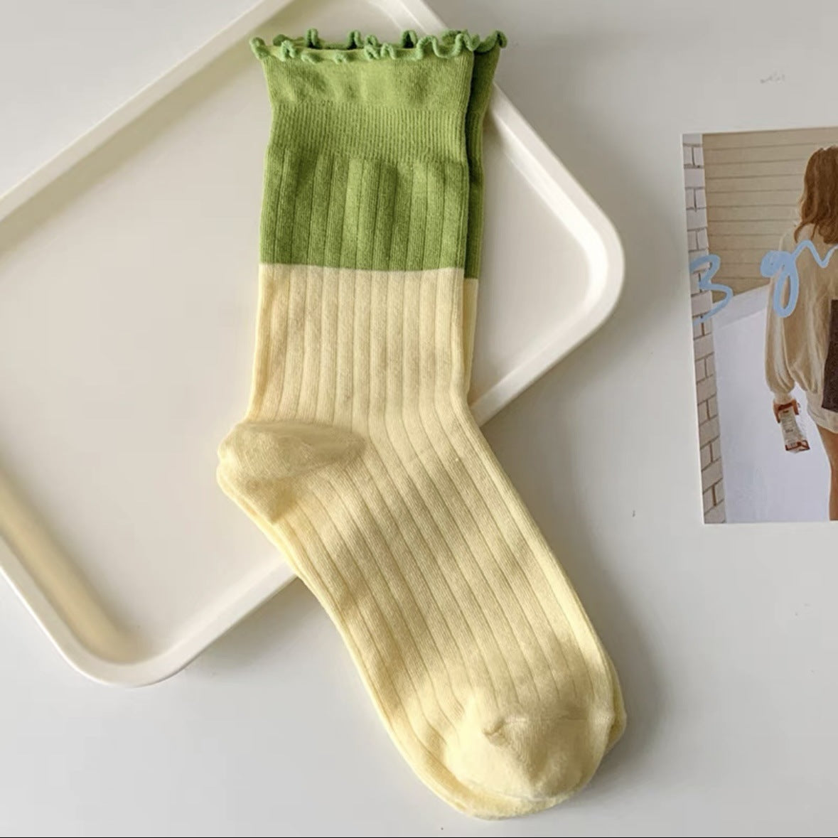 Cute Colorblock Ruffled Cotton Crew Socks for Women