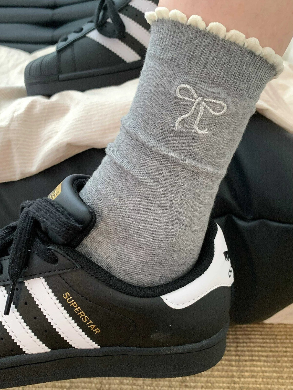 Embroidered Bow Cotton Crew Socks | Ruffle Trim Ballet Style for Women