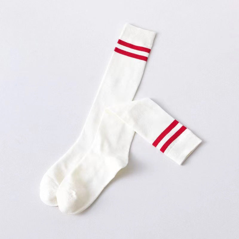 Two-Stripe Athletic Calf Socks | Breathable Cotton Retro Sports Socks