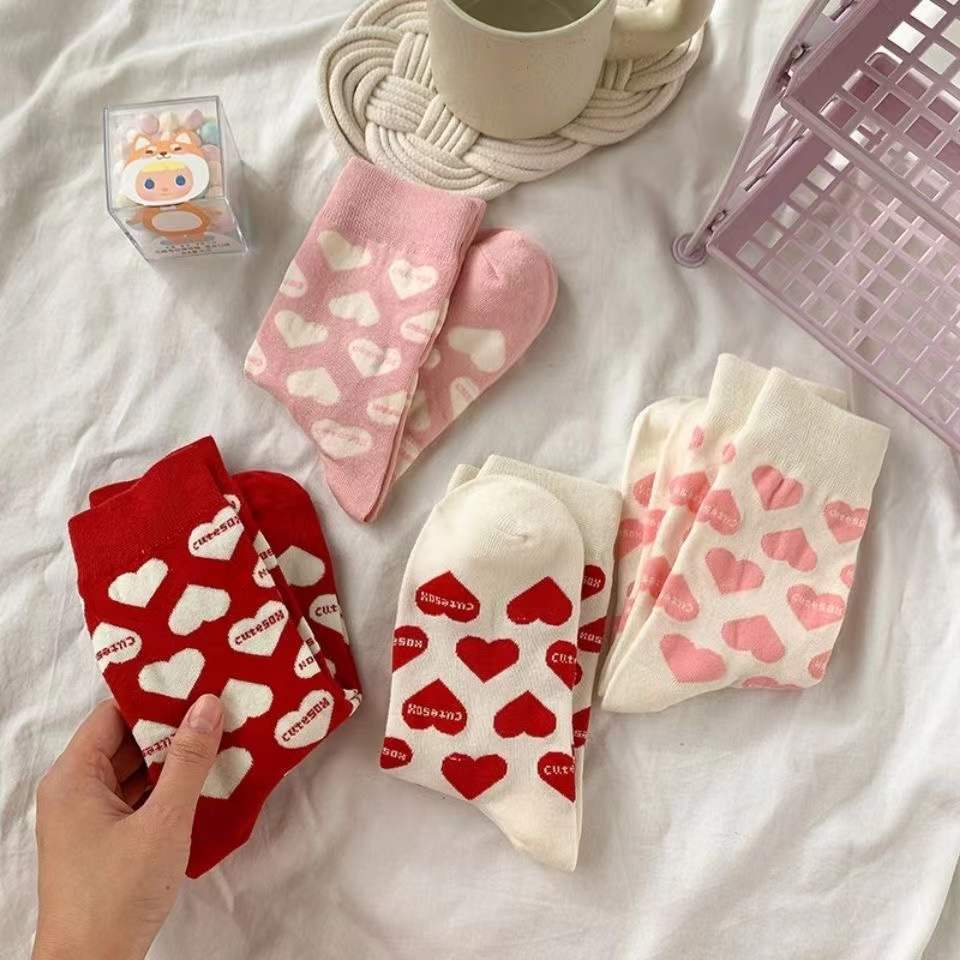 Cute Heart Print Crew Socks for Women | Soft Cotton Casual Socks