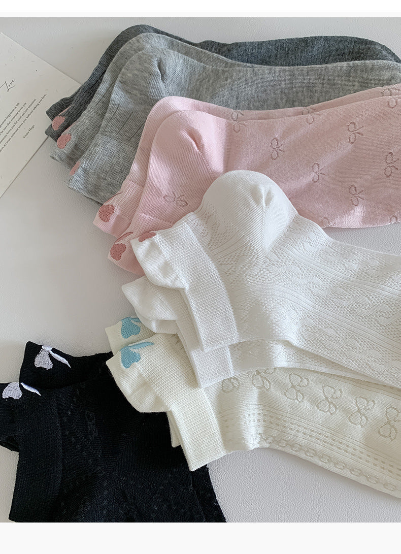 Women's Embroidered Bow Mesh Ankle Socks | Breathable Summer Socks