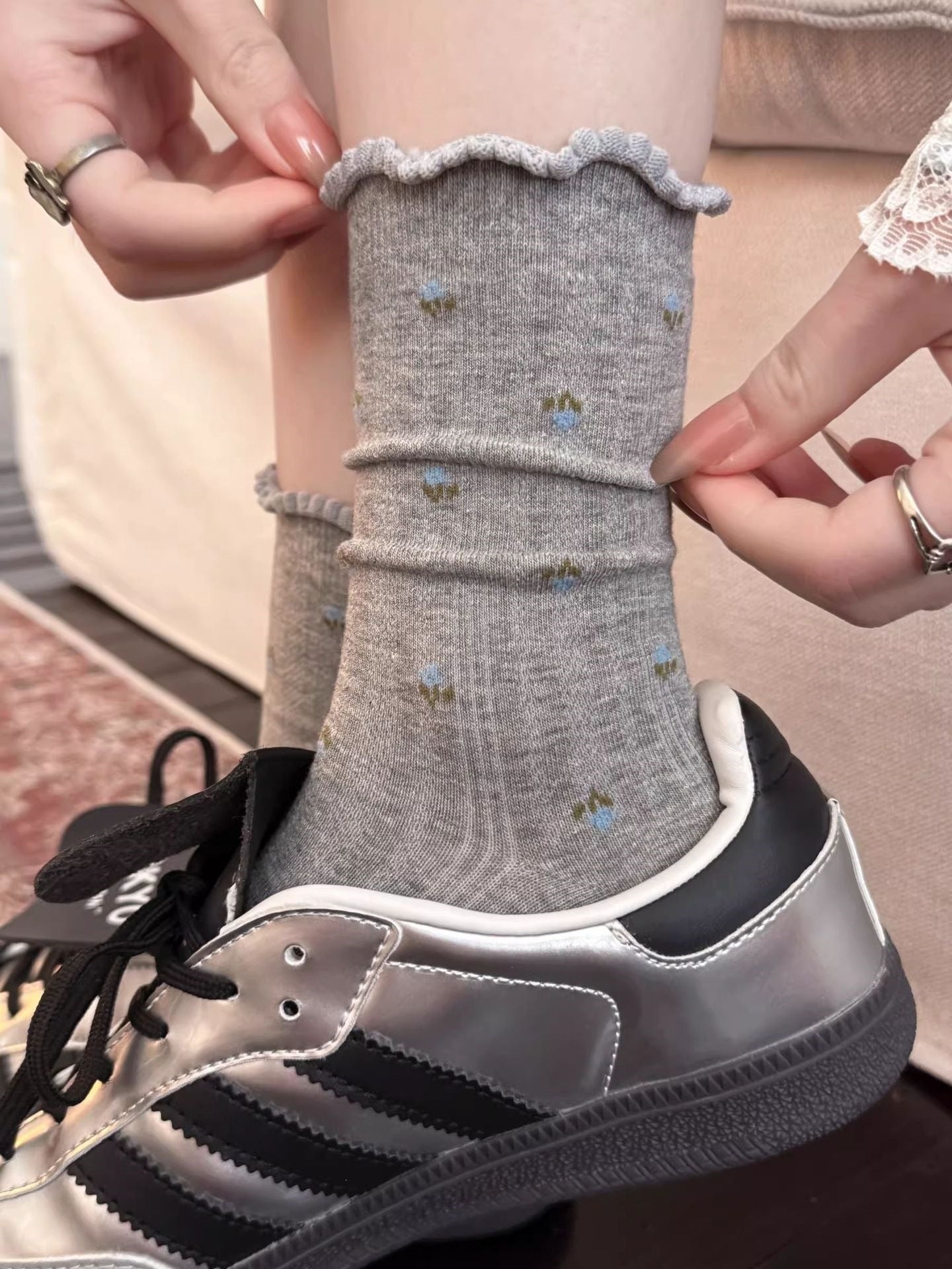 Floral Ruffled Crew Socks for Women | Thin Breathable Spring Summer Socks