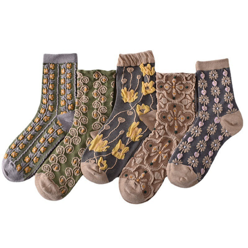 Vintage Floral Crew Socks for Women | Textured Retro Cotton Socks