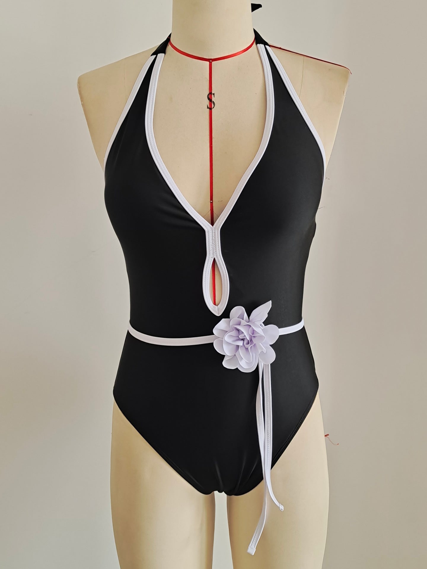 Black 3D Flower Halter One-Piece Swimsuit | Flattering Swimwear