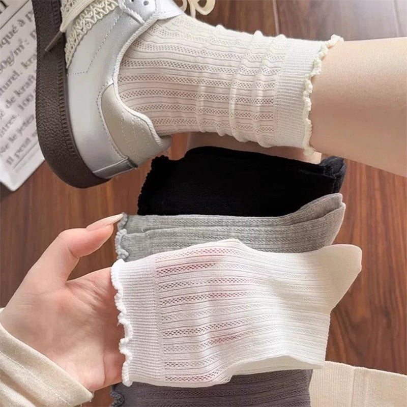 Lace Trim Crew Socks for Women | Breathable Mesh Summer Socks