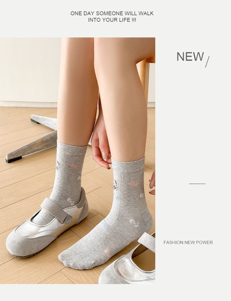 Cute Embroidered Cat Cotton Crew Socks for Women